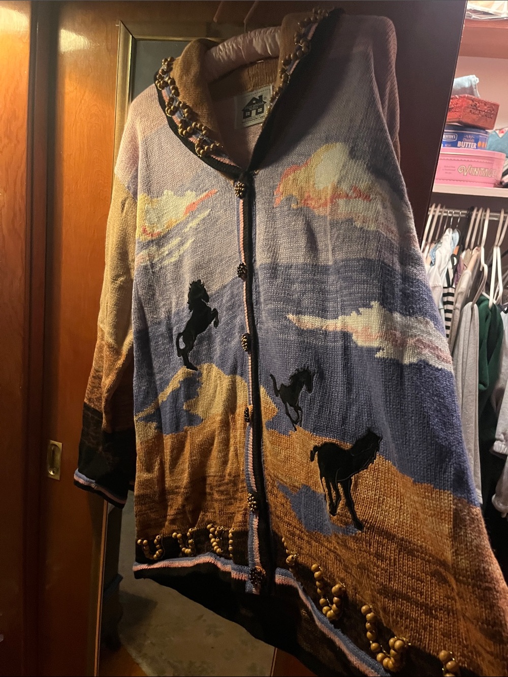 Storybook Knits Scenic Horse Hooded Cardigan - Blue & Brown